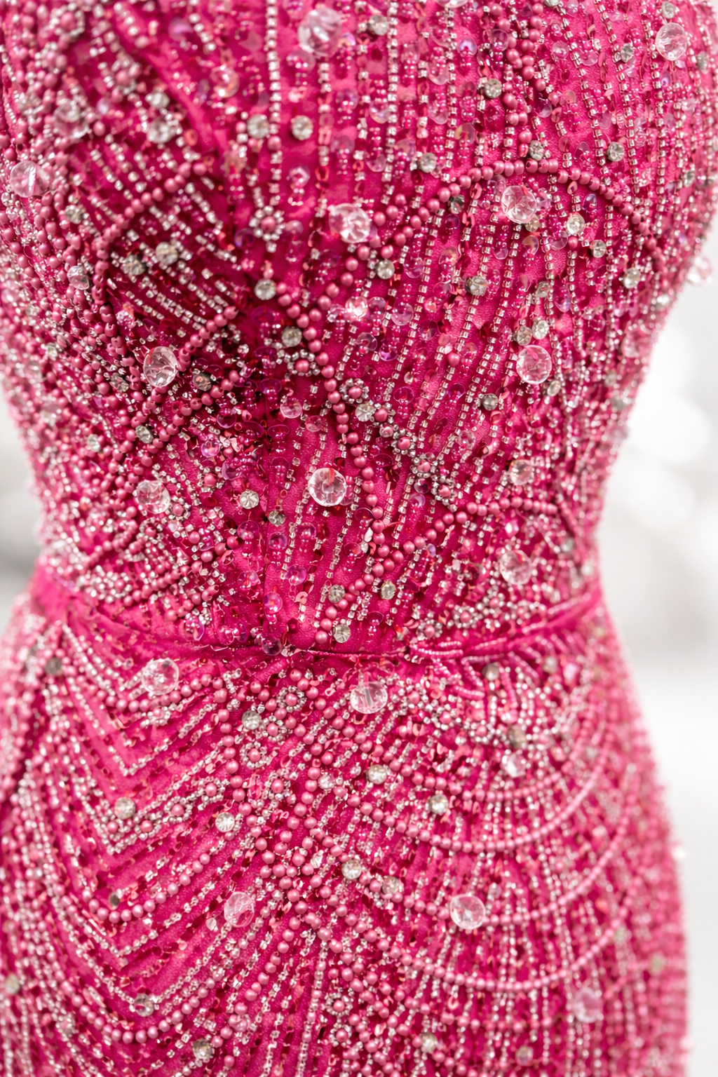 Robe longue fuchsia brodée à cristaux et plumes